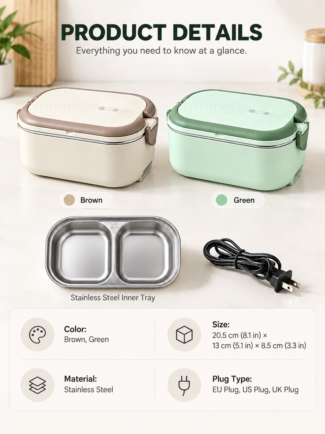 Product details graphic showing colors, stainless steel tray, dimensions and plug types