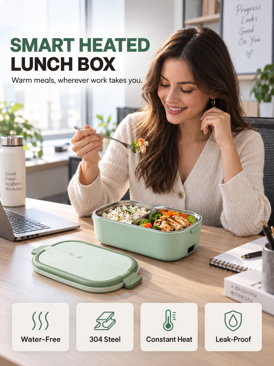Heated lunch box lifestyle image showing a warm meal at an office desk