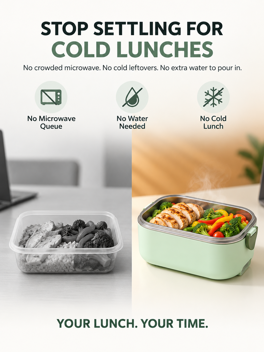 Comparison of cold packed food and a warm meal in the green electric lunch box