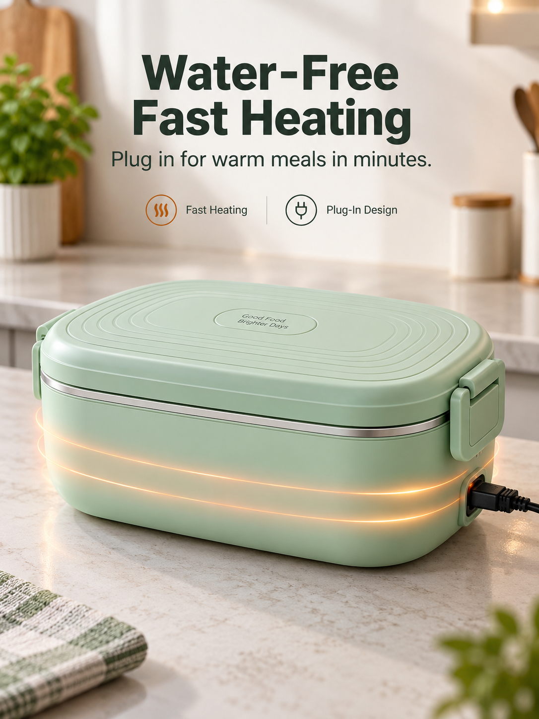Closed green lunch box connected to a power cable for heating