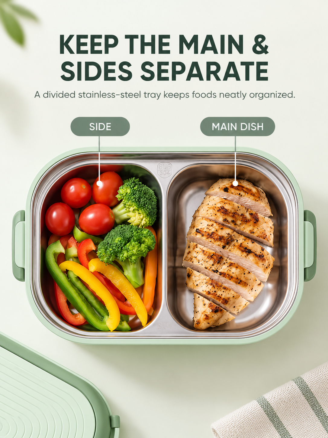 Overhead view of main dish and sides in separate compartments