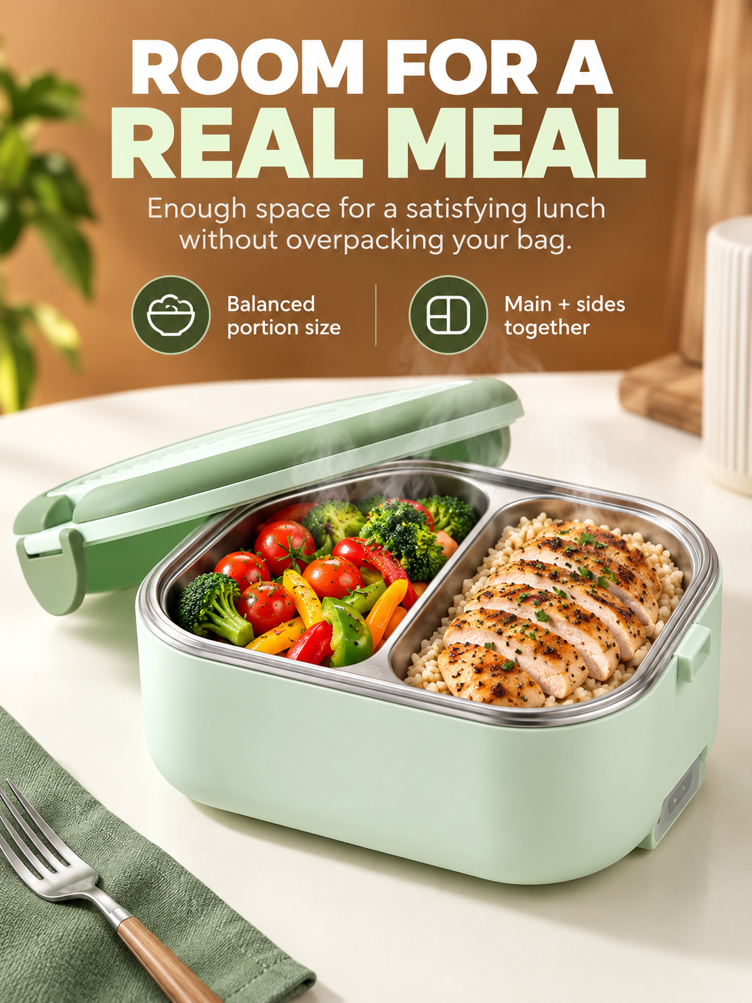 Green lunch box packed with a main dish and vegetables
