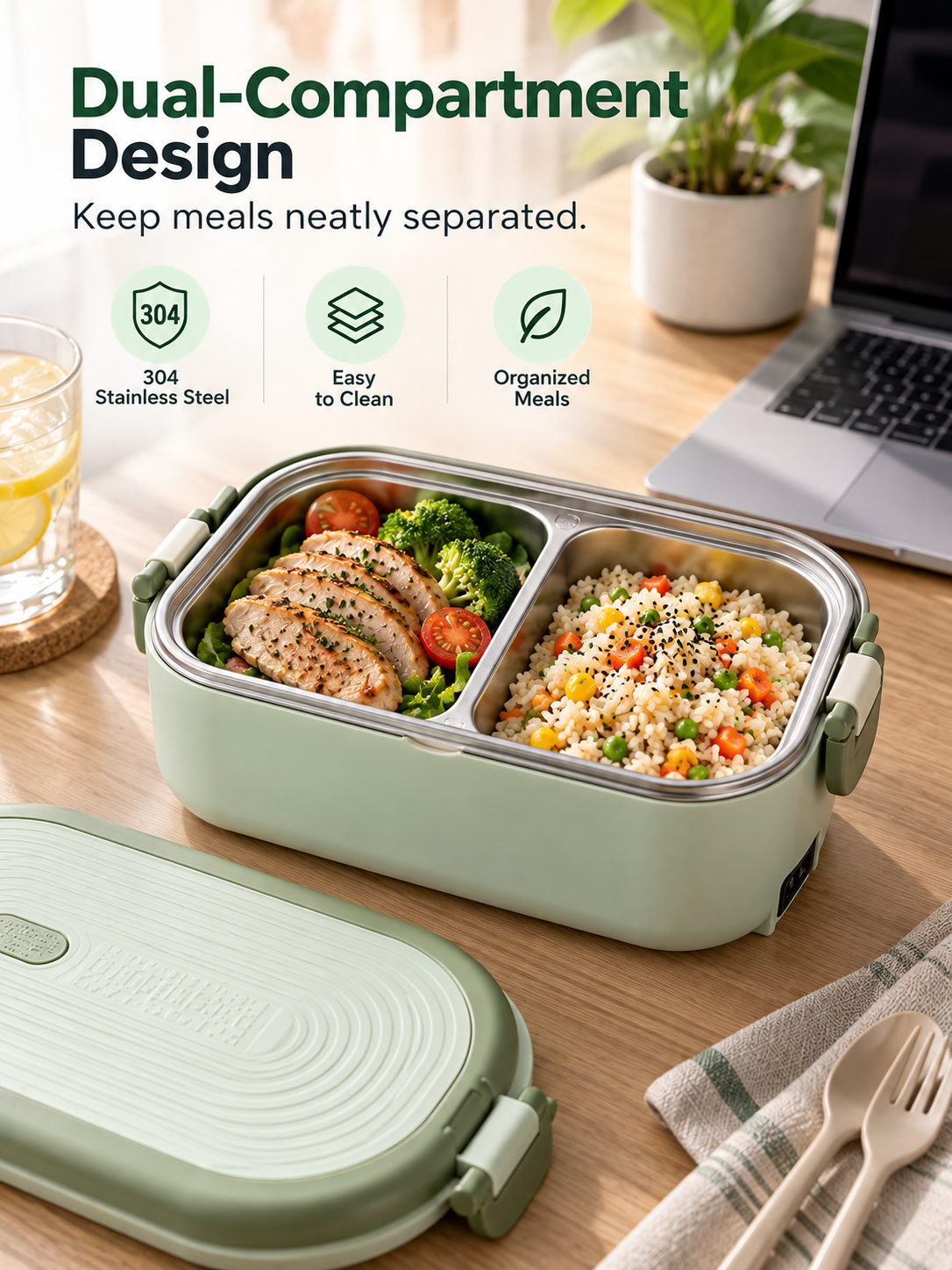 Dual-compartment stainless steel tray holding rice, chicken and vegetables separately