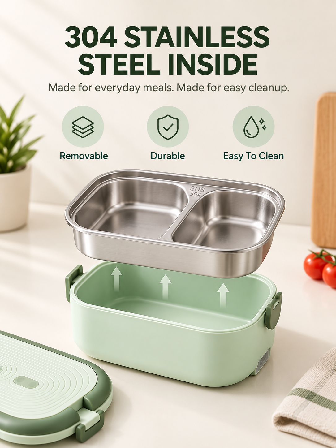 Removable stainless steel tray lifted from the green heating base